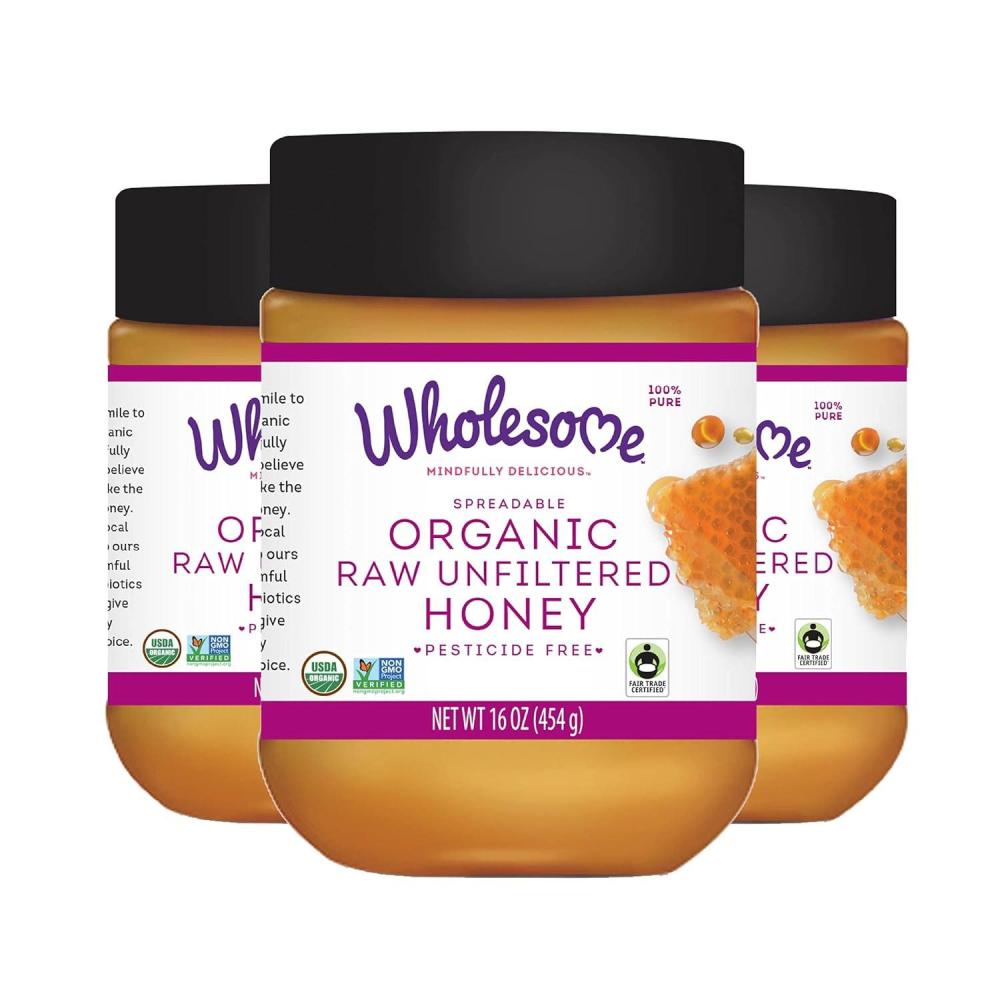 image:imageWholesome Organic Raw Unfiltered Honey Pesticide Free Fair Trade Non Glyphosate Non GMO amp Gluten Free Spreadable 16 Ounce Jar Pack of 3 Packaging May Vary